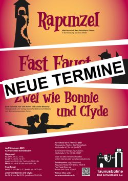 Plakat Winter 2021 für die Stücke Rapunzel, Fast Faust und Zwei wie Bonnie und Clyde